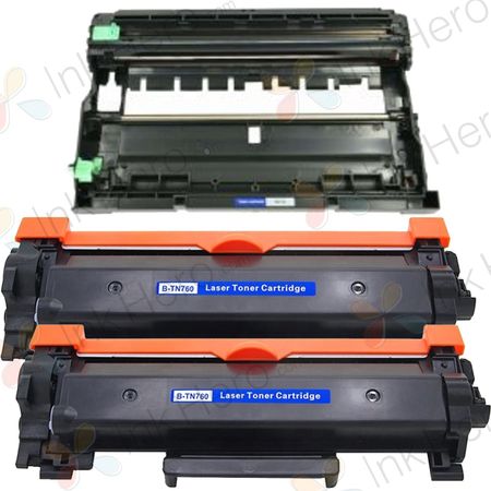 2 Brother TN760 Black Compatible High-Yield Toner & Drum Cartridge (Replaces TN730)